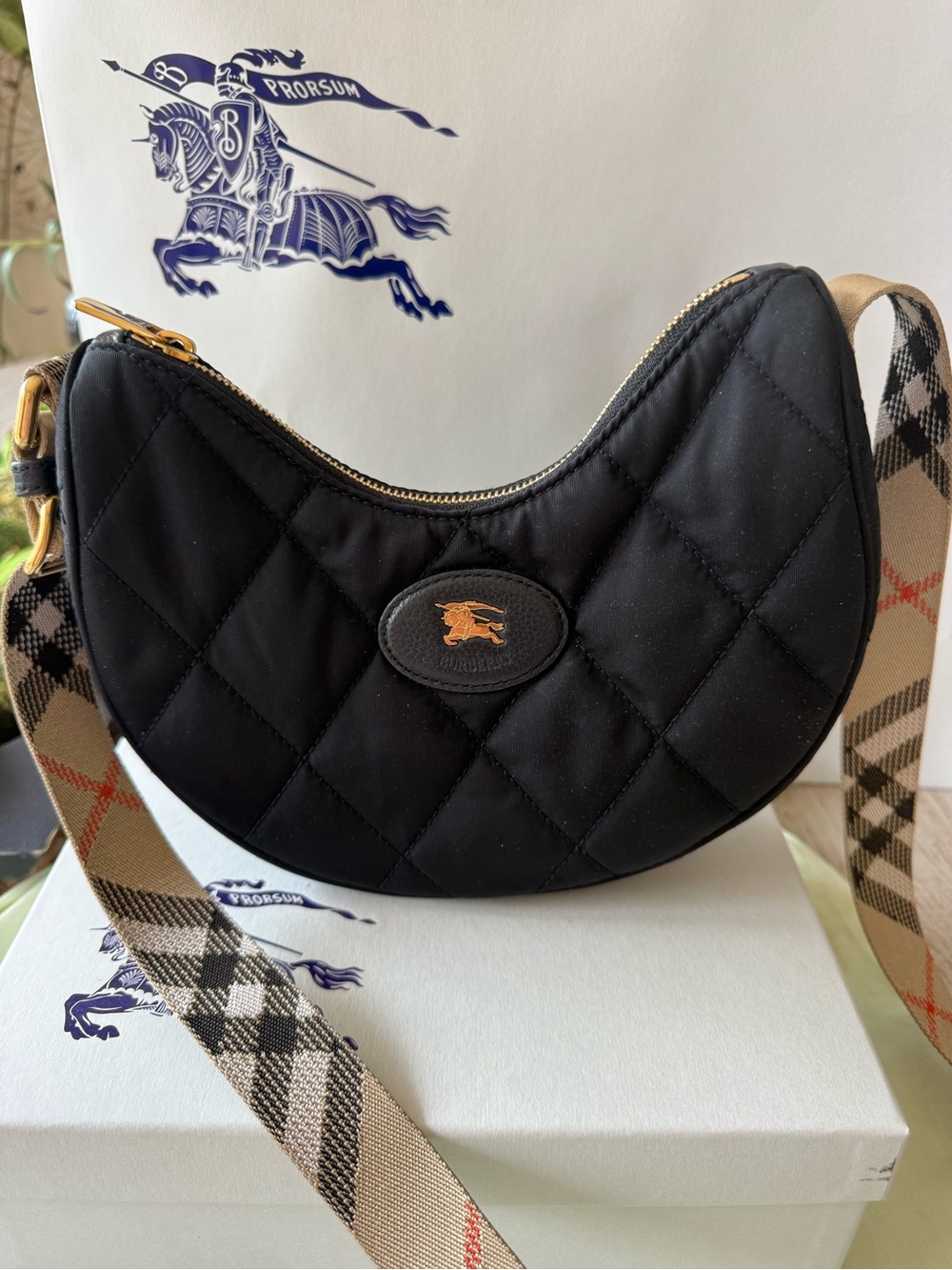 Burberry Black Quilted Crescent Shoulder Bag with Check Strap